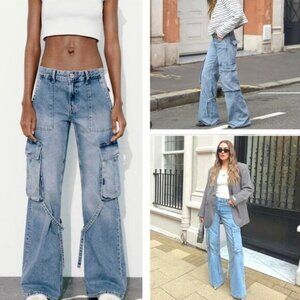 NWT ZARA Mid Rise Cargo Wide Leg Jeans Blue Size 6